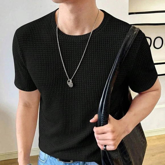 Black Preppy Mens Solid Waffle Knit Tee - Picture 3 of 5